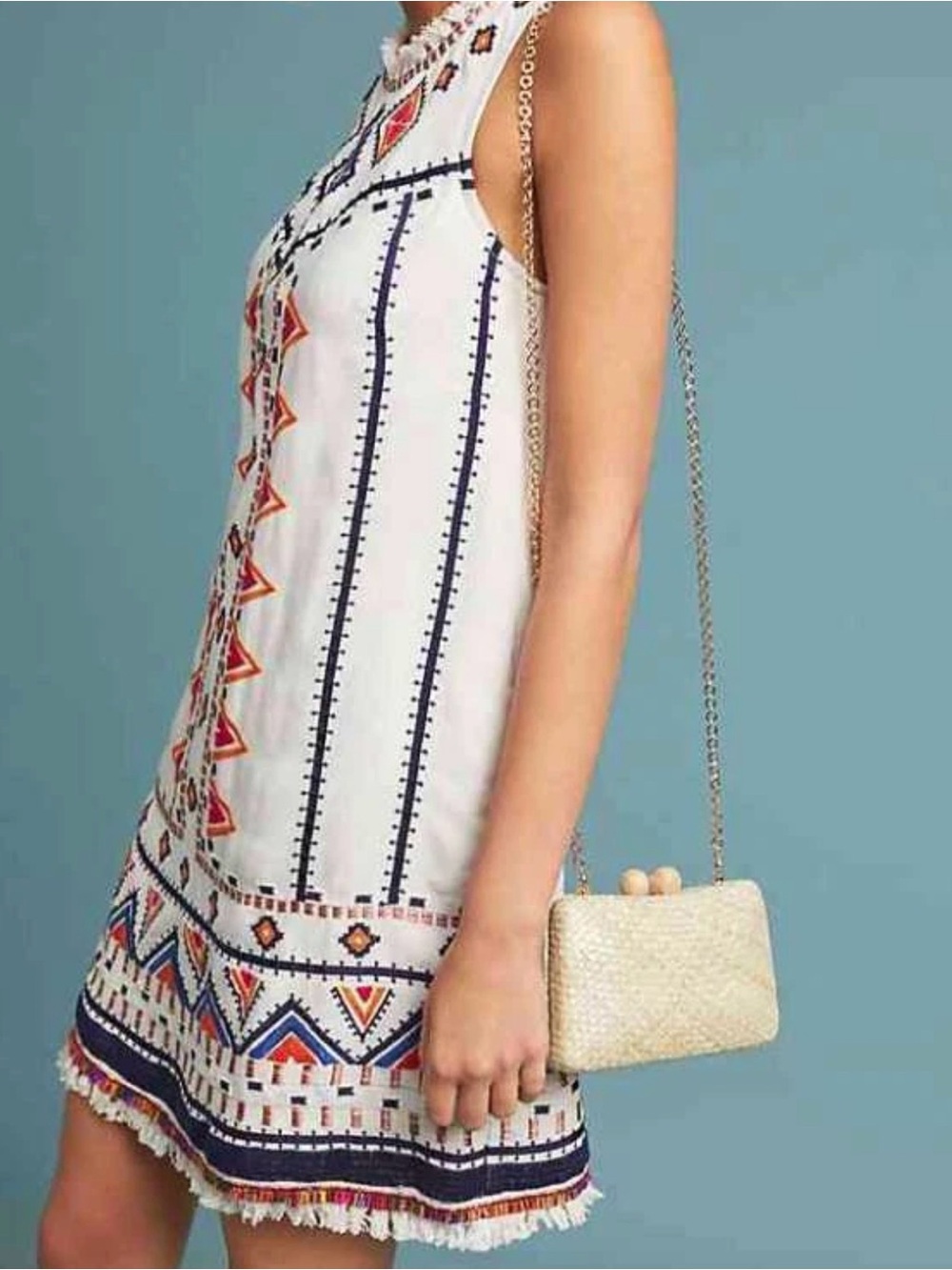 Anthropologie Cream Embroidered Tribal Shift Dress with Red & Blue Accents 12 - Picture 4 of 11